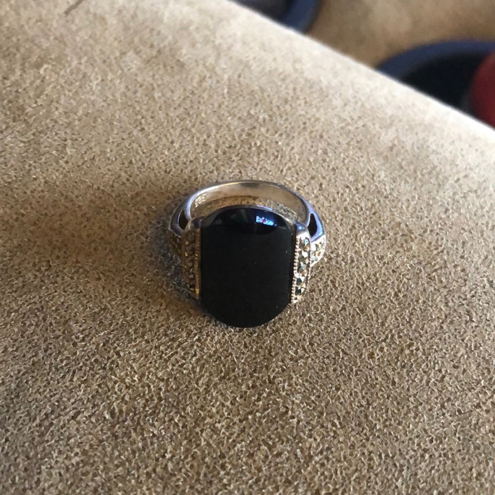 Marcasite and black onyx sterling ring